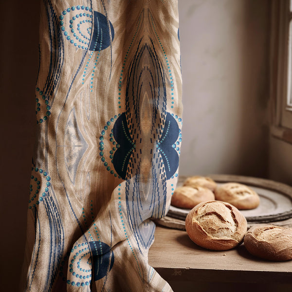 Abstract Blue Linen Curtain: Tribal Inspired Drapes, Modern Interior