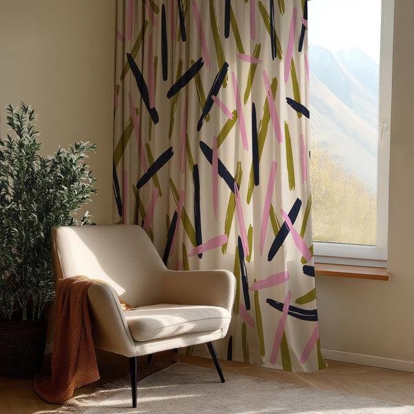 Abstract Brushstroke Curtain Panel: Pink, Olive & Navy Drape