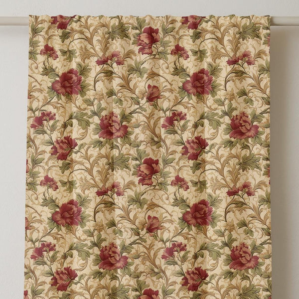 Floral Linen Curtain Panel: Vintage Red Botanical Drapes
