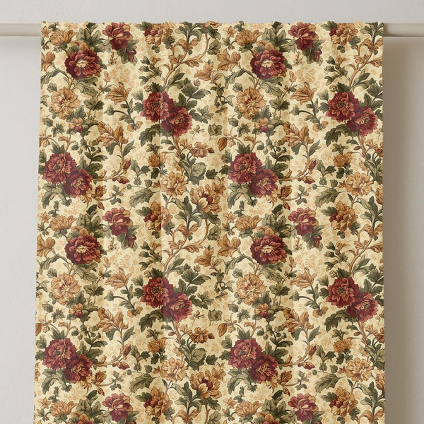 Vintage Floral Linen Curtain: Autumn Botanical Cottage Decor