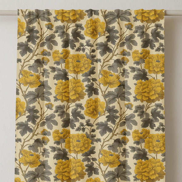 Vintage Botanical Gold Floral Linen Curtain Panel: Rustic Farmhouse Window Drapery