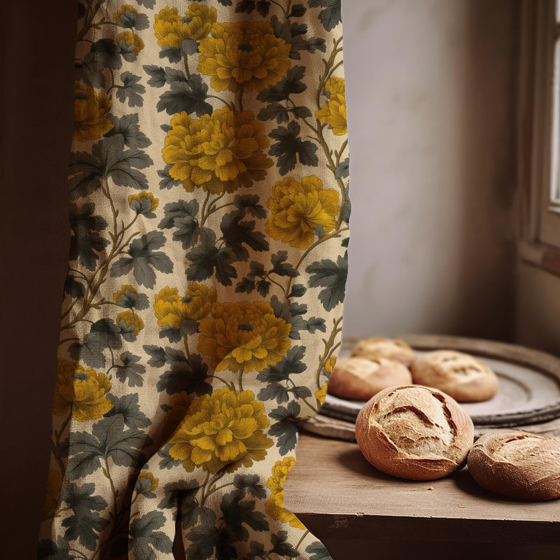Vintage Botanical Gold Floral Linen Curtain Panel: Rustic Farmhouse Window Drapery