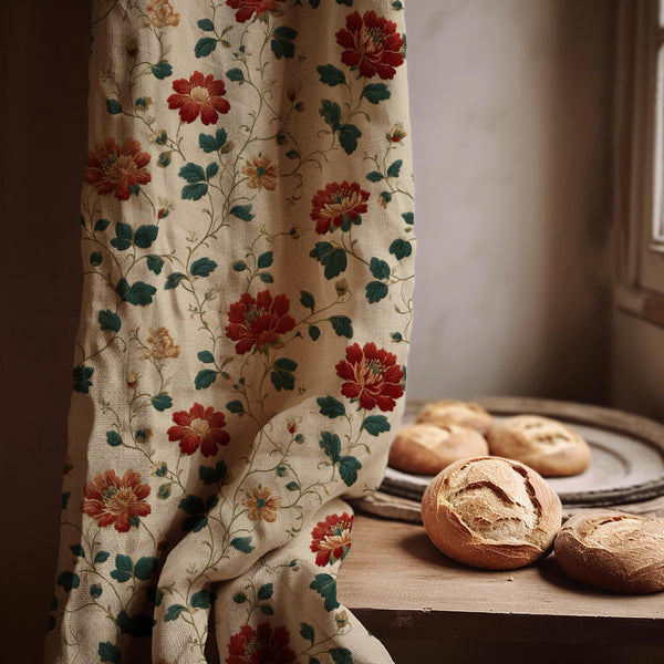 Floral Linen Curtain Panel: Cottagecore Botanical Window Treatment Drapes Farmhouse Rustic Decor