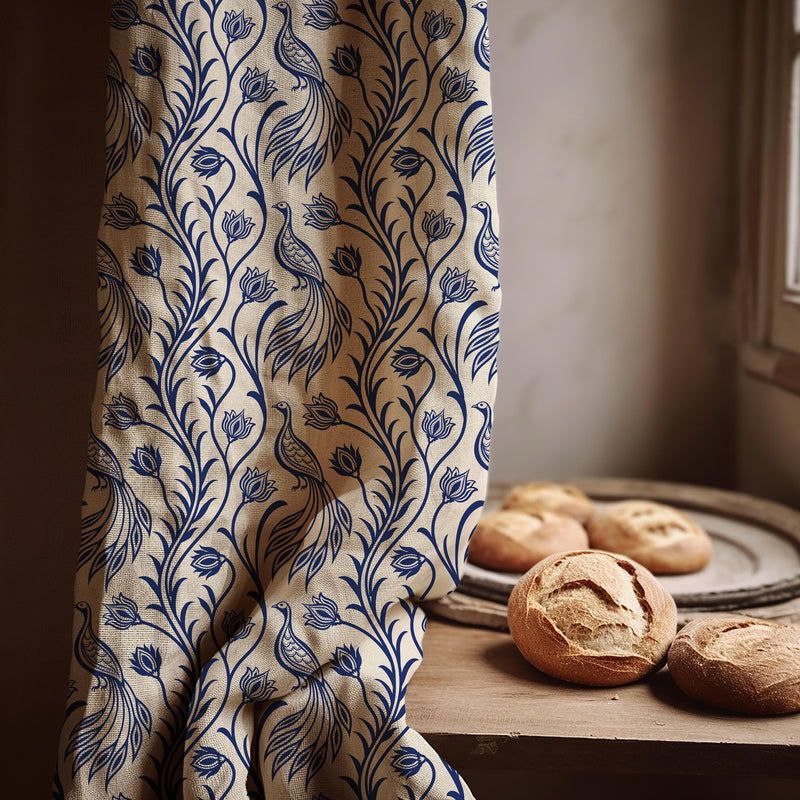 Blue Peacock Linen Curtain: Botanical Bird Print Drapery - Single Panel