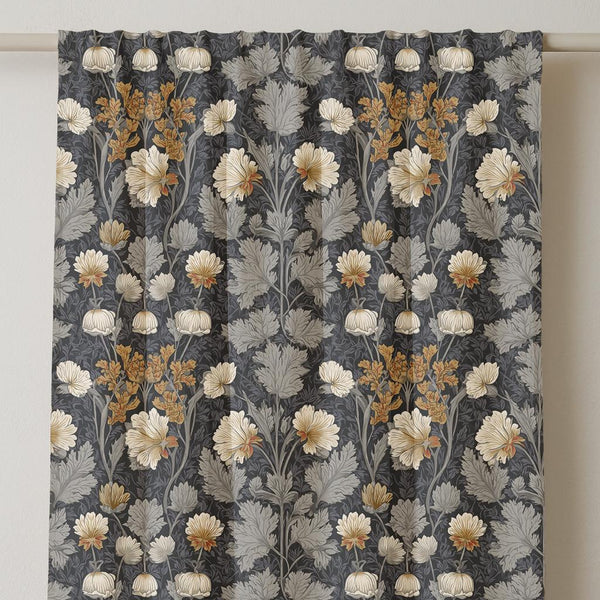 Dark Floral Linen Curtain: William Morris Inspired Vintage Drapery