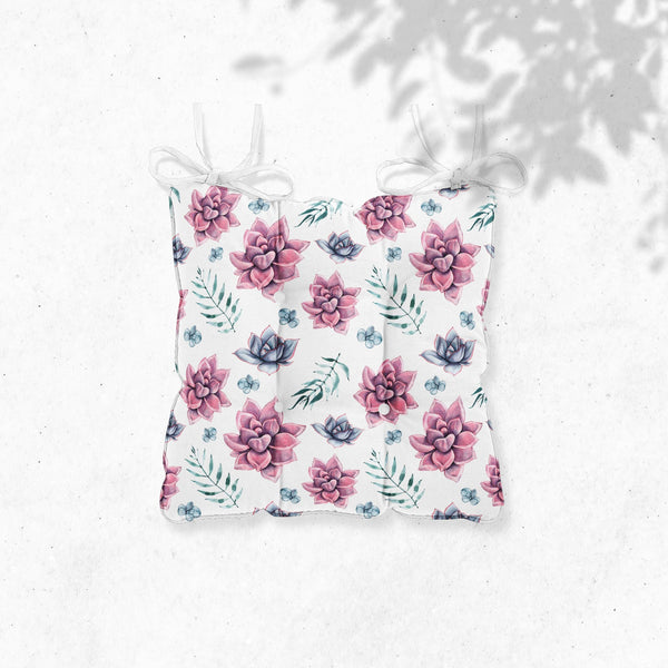 Floral Succulent Chair Cushion: Tufted Seat Pad with Ties - Indoor/Outdoor
