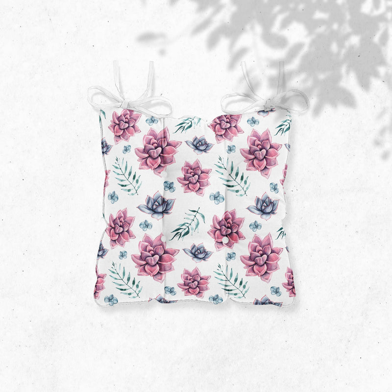 Floral Succulent Chair Cushion: Tufted Seat Pad with Ties - Indoor/Outdoor