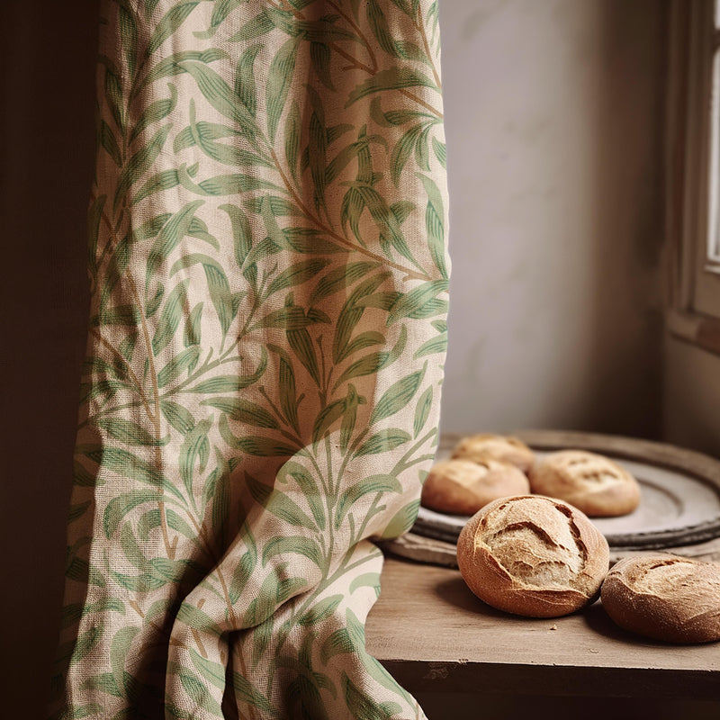 Green Leaf Print Linen Curtain Panel - Botanical Window Drape