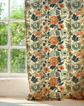 Floral Linen Curtain Panel: Orange & Blue Vintage Style Drapes - Image 2