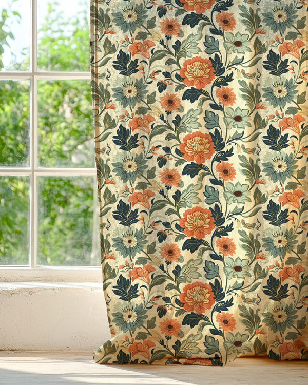 Floral Linen Curtain Panel: Orange & Blue Vintage Style Drapes