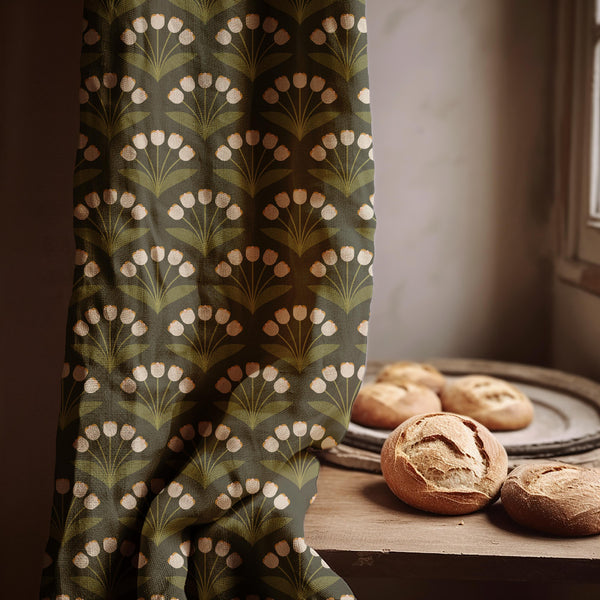 Retro Tulip Linen Curtain Panel: Mid-Century Modern Olive Green Drapery