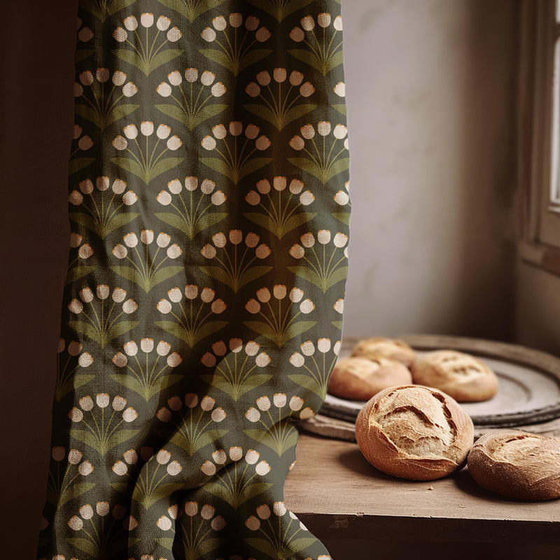 Retro Tulip Linen Curtain Panel: Mid-Century Modern Olive Green Drapery