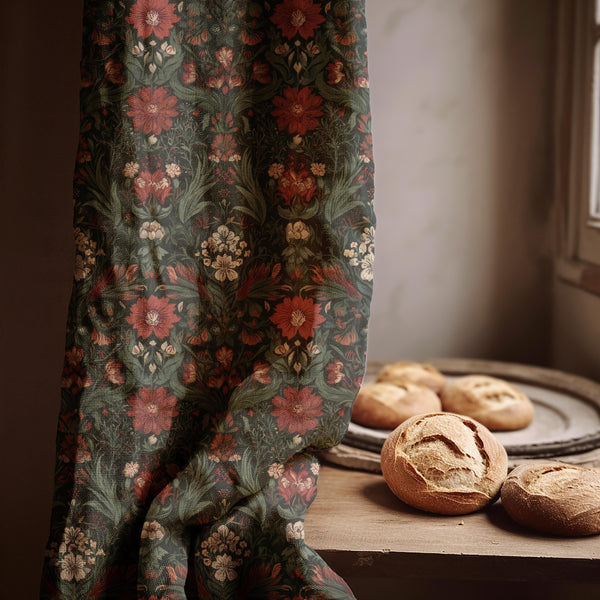 Dark Floral Linen Curtain: Vintage Botanical Gothic Decor - Single Panel