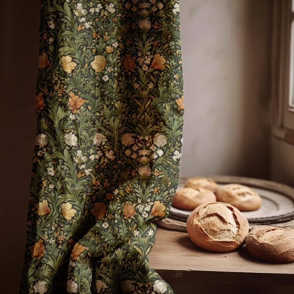 Dark Green Linen Curtain: William Morris Botanical Print - Cottagecore Style