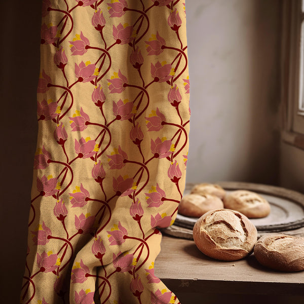 Art Nouveau Linen Curtain: Pink Floral Botanical Drapery