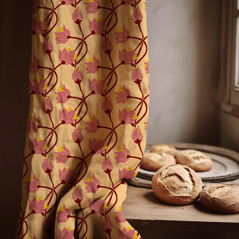 Art Nouveau Linen Curtain: Pink Floral Botanical Drapery