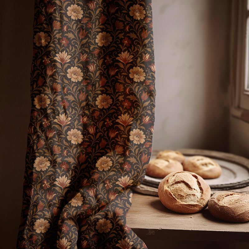 Victorian Floral Linen Curtain: Dark Brown Botanical Gothic Drapery