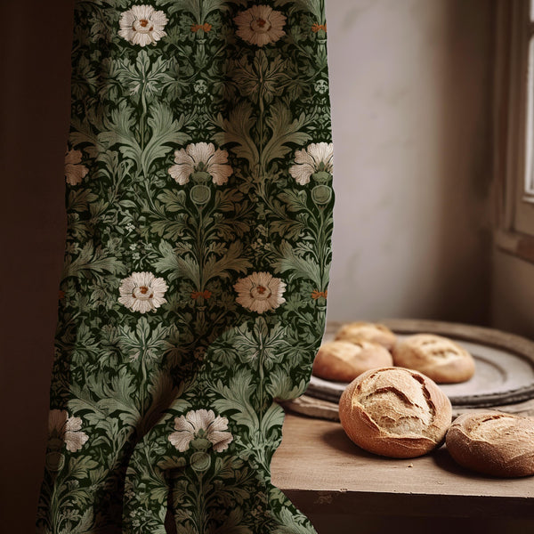 William Morris Style Linen Curtain: Dark Green Floral Botanical Panel