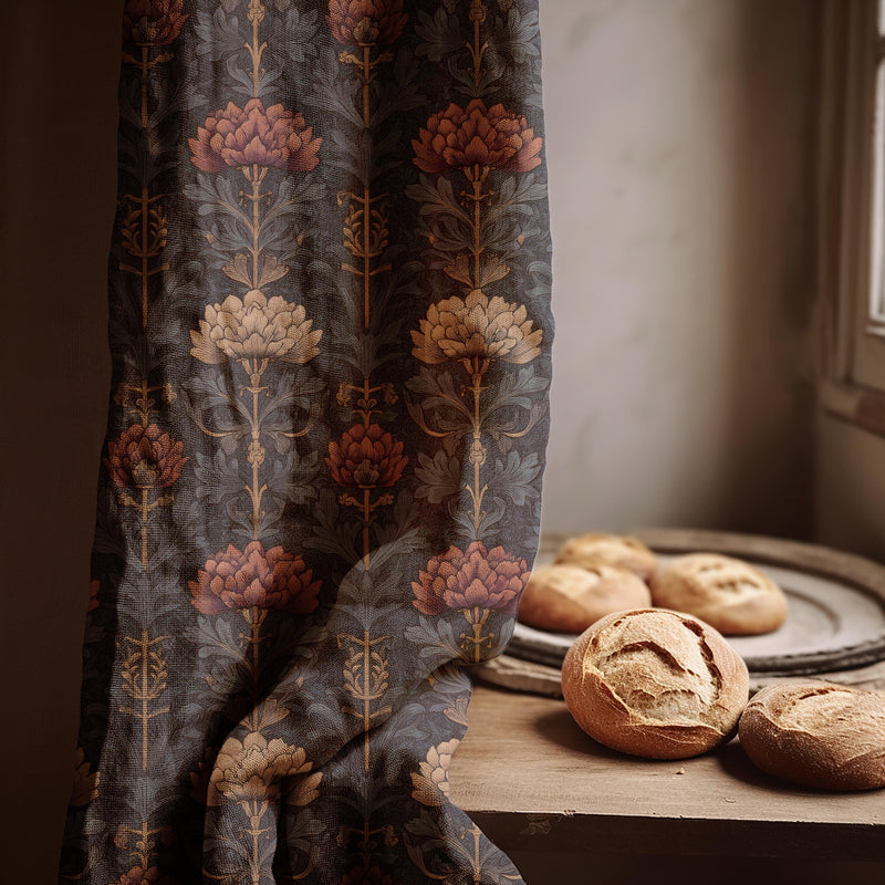 Art Nouveau Floral Linen Curtain Panel: Burnt Orange & Beige