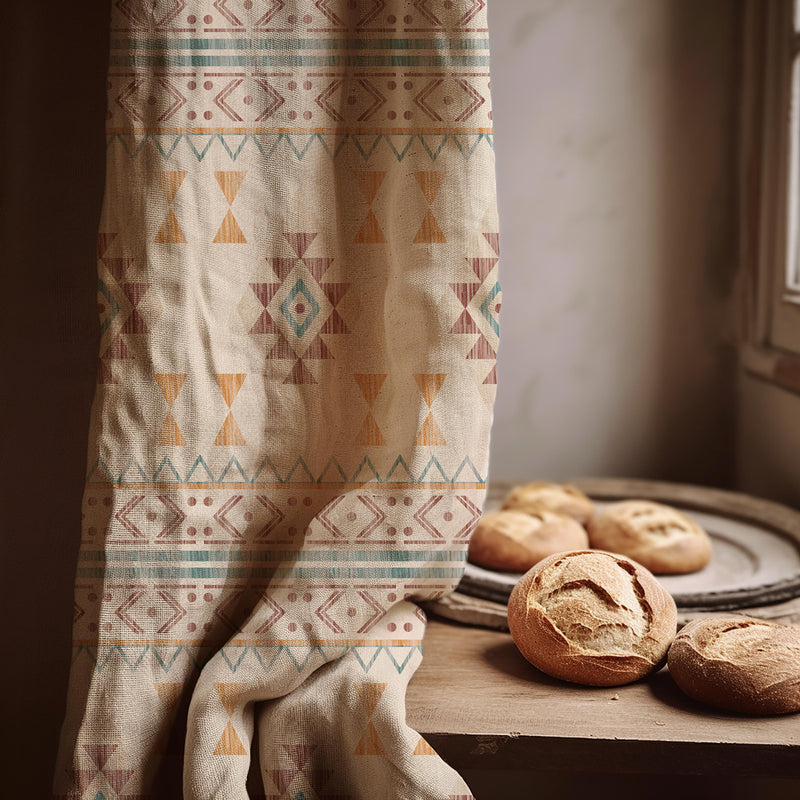 Boho Linen Curtain Panel: Geometric Aztec Print, Earthy Tones
