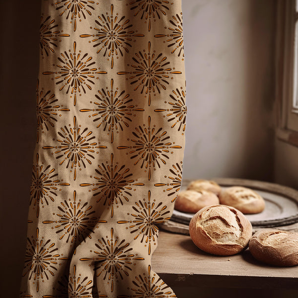 Mid Century Modern Starburst Linen Curtain Panel: Mustard & Brown Geometric Drapery