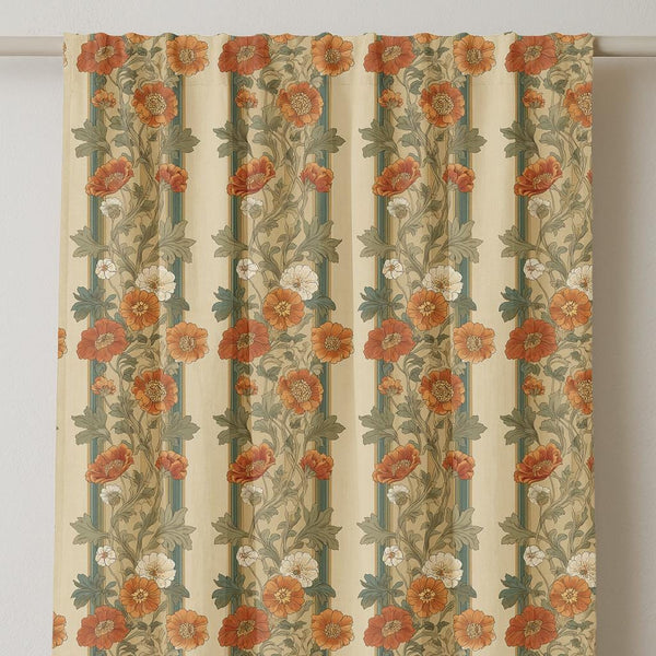 Burnt Orange Floral Stripe Linen Curtain - Retro Botanical Decor