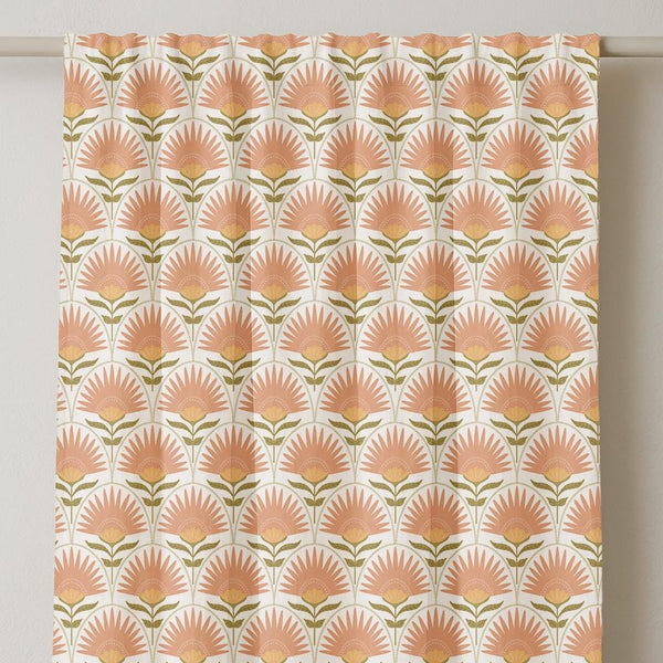 Retro Floral Linen Curtain: Peach & Olive Mid-Century Boho Style