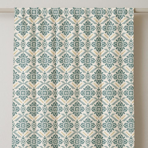Bohemian Linen Curtain Panel: Teal Blue Geometric Print, Optional Blackout