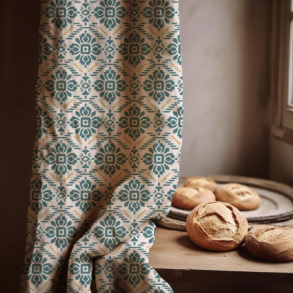 Bohemian Linen Curtain Panel: Teal Blue Geometric Print, Optional Blackout