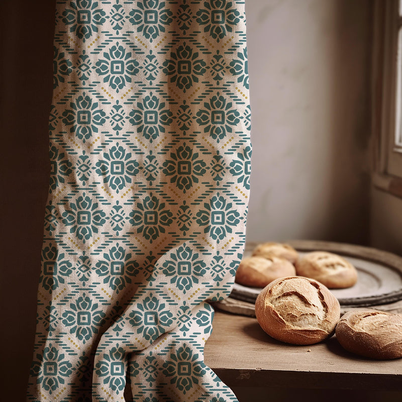 Bohemian Linen Curtain Panel: Teal Blue Geometric Print, Optional Blackout