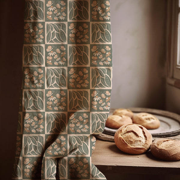 Olive Green Botanical Linen Curtain: Rustic Cottagecore Style