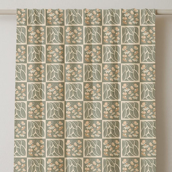 Olive Green Botanical Linen Curtain: Rustic Cottagecore Style