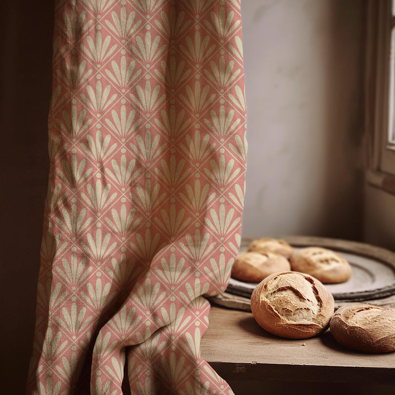 Art Deco Linen Curtain: Pink & Cream Fan Pattern, Optional Blackout