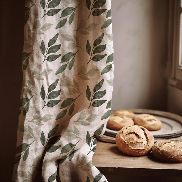 Watercolor Leaf Linen Curtain: Olive & Sage Botanical Panel