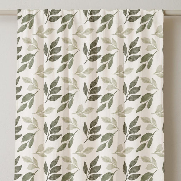Watercolor Leaf Linen Curtain: Olive & Sage Botanical Panel