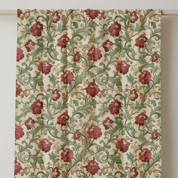 Vintage Red Floral Linen Curtain - William Morris Inspired - Cottagecore Style