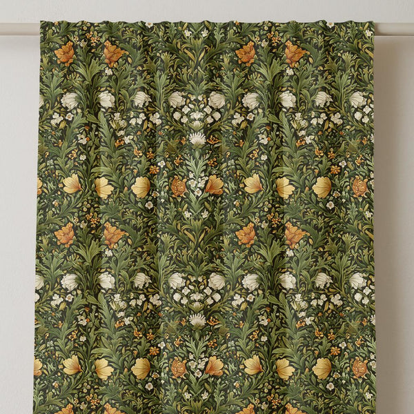 Dark Green Linen Curtain: William Morris Botanical Print - Cottagecore Style