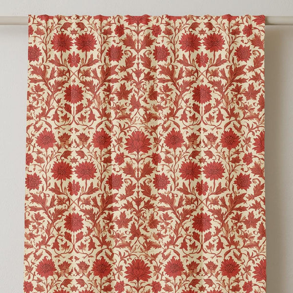Red Floral Linen Curtain: William Morris Style Botanical Drapery