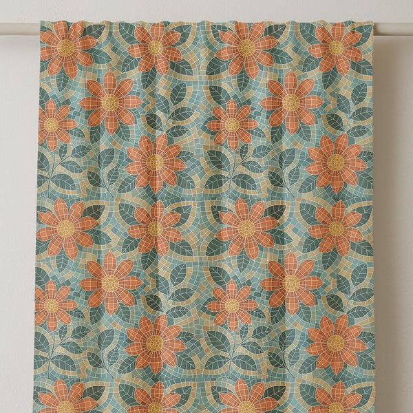 Retro Mosaic Floral Linen Curtain Panel – Mid Century Boho Window Drapery
