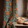 Retro Mosaic Floral Linen Curtain Panel – Mid Century Boho Window Drapery - Image 1