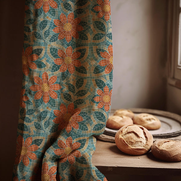 Retro Mosaic Floral Linen Curtain Panel – Mid Century Boho Window Drapery
