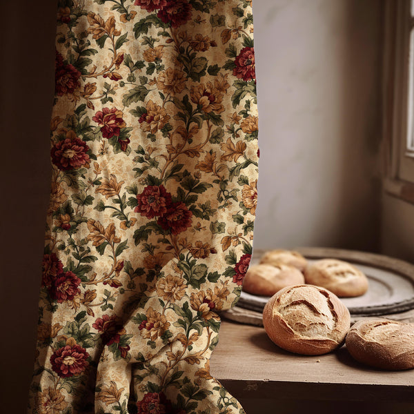 Vintage Floral Linen Curtain: Autumn Botanical Cottage Decor