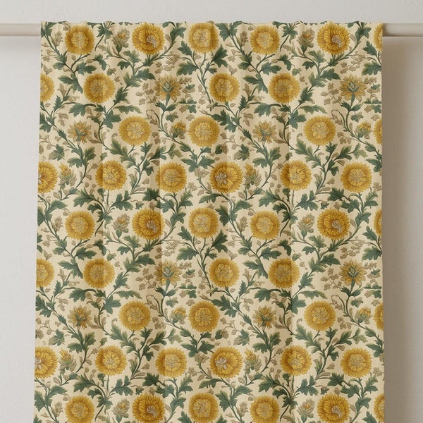 Yellow Floral Linen Curtain Panel - William Morris Style Botanical Drapery