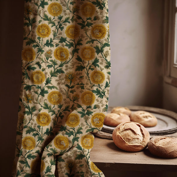 Yellow Floral Linen Curtain Panel - William Morris Style Botanical Drapery
