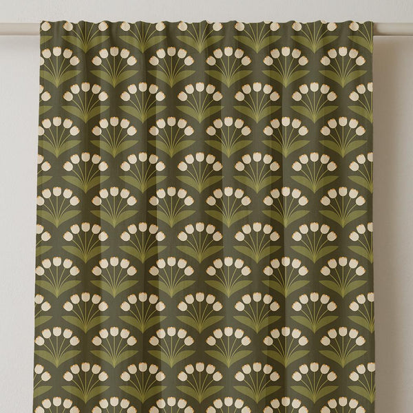 Retro Tulip Linen Curtain Panel: Mid-Century Modern Olive Green Drapery