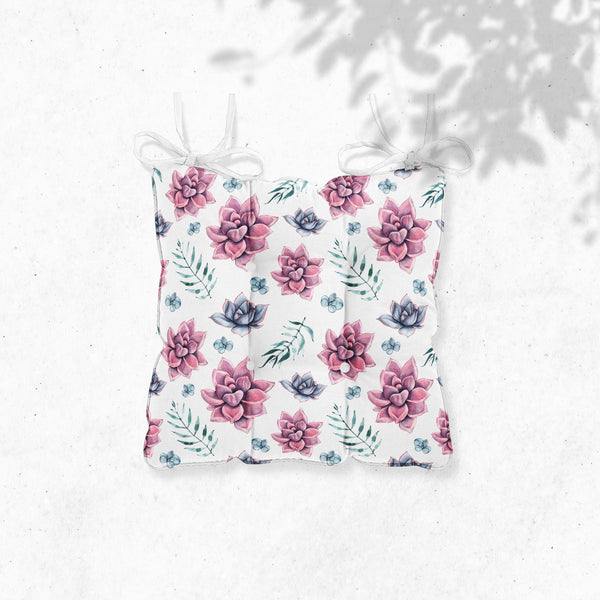 Floral Succulent Chair Cushion: Tufted Seat Pad with Ties - Indoor/Outdoor