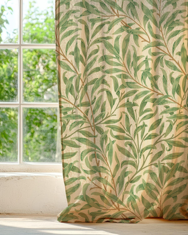 Green Leaf Print Linen Curtain Panel - Botanical Window Drape