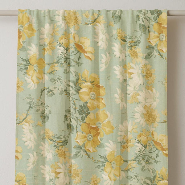 Yellow Floral Linen Curtain Panel: Vintage Bloom Print, Country Cottage Decor