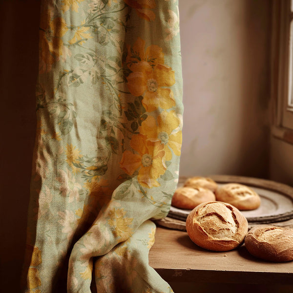 Yellow Floral Linen Curtain Panel: Vintage Bloom Print, Country Cottage Decor
