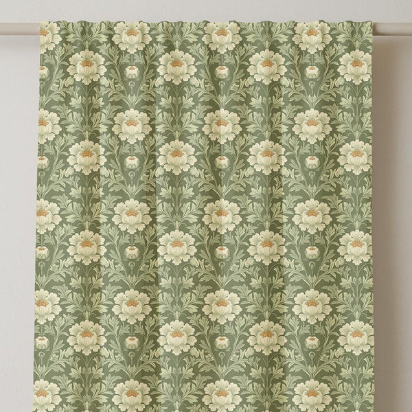 Green Floral Linen Curtain Panel: Victorian Style Drapes